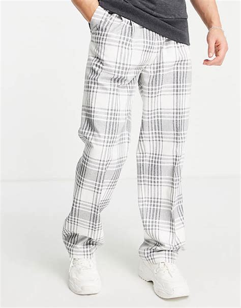 Asos Design Wide Leg Smart Trousers With Cargo Pocket In Ecru Tartan