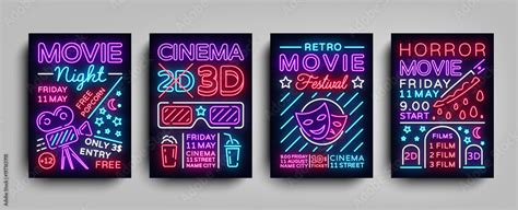 Movies 3d collection posters design templates in neon style. Set neon ...