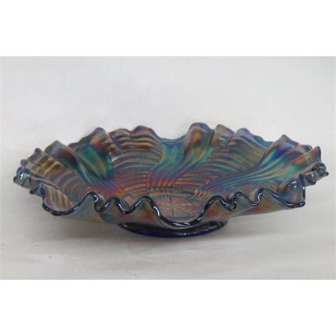 Fenton Blue Carnival Glass Ribbon Tie 3 In 1 Ruffle Edge Bowl Chairish