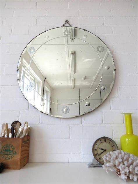 Vintage Extra Large Round Art Deco Bevelled Edge Wall Mirror Engraved