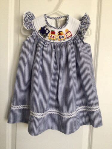 Lil Cactus Baby Girl Dress M Smock Abc Train Blue White Stripe