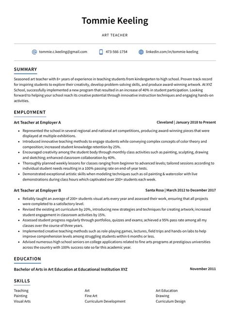 Art Teacher Resume (CV) Example and Writing Guide