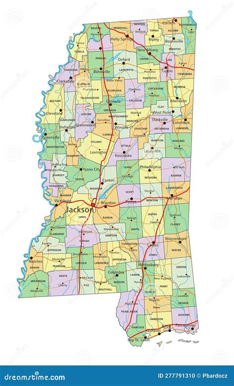 Mississippi Detailed Editable Political Map With Labeling Stock