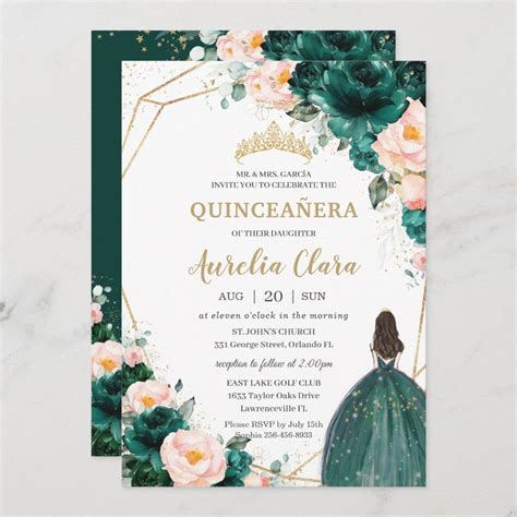 Quinceaera Emerald Green Blush Floral Princess Invitation Size 5 X 7