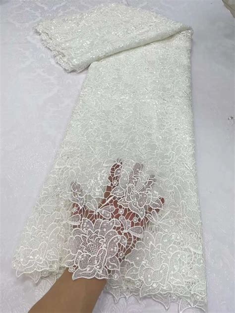 White African Guipure Cord Lace Fabric With Sequins African Lace Fabric