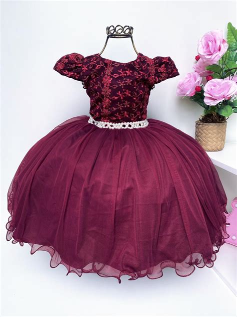 Vestido Infantil Marsala Renda Luxo Cinto Strass e Pérolas Rosa