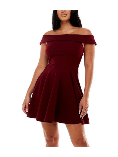 B Darlin Womens Burgundy Stretch Zippered Ruffled Short Sleeve Off