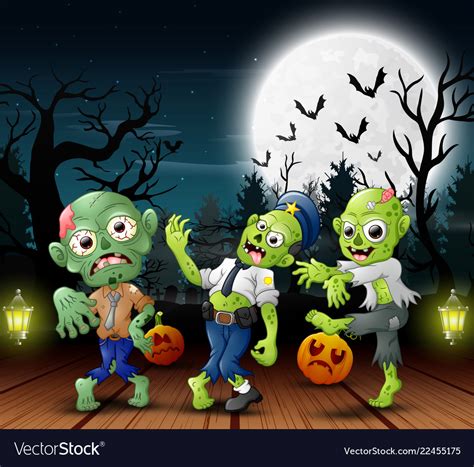 Cartoon of three zombie with fill moon background Vector Image