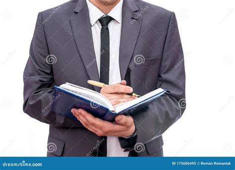 Man Writing In Diary Close Up Isolated On White Stock Image Image Of