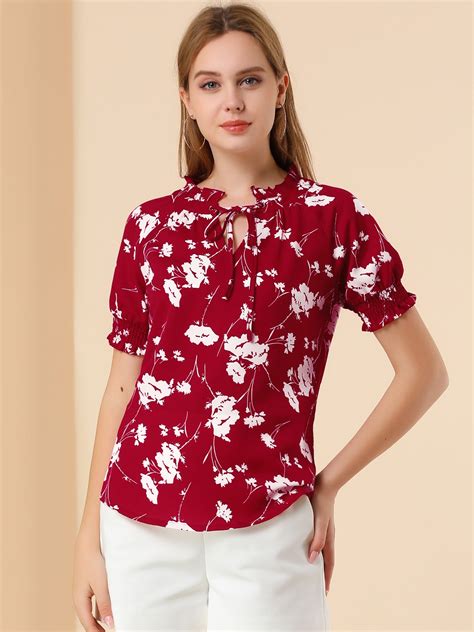 Ruffle Tie V Neck Casual Smocked Short Sleeve Floral Top Blouse Allegra K