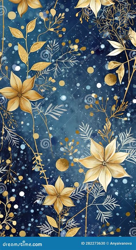 A Blue Background With Gold Flowers And Leaves Generative AI Image