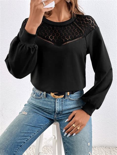 Shein Frenchy Guipure Lace Insert Lantern Sleeve Pullover Shein Usa