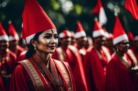 Una Mujer Con Un Sombrero Rojo Se Para Frente A Un Grupo De Personas