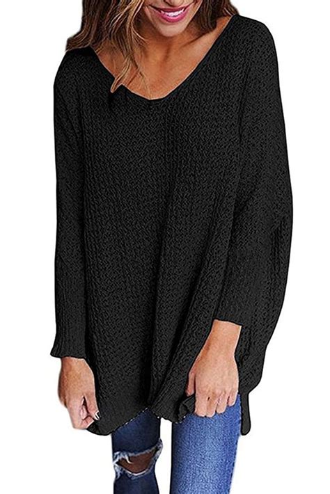 Black Oversized Long Sleeve Knitted V Neck Sweater Baggy Pullover Long