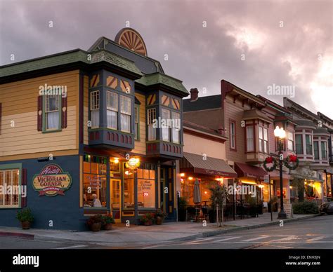 Typical Small Town American Clapboard Restaurants And Shops At Dusk In