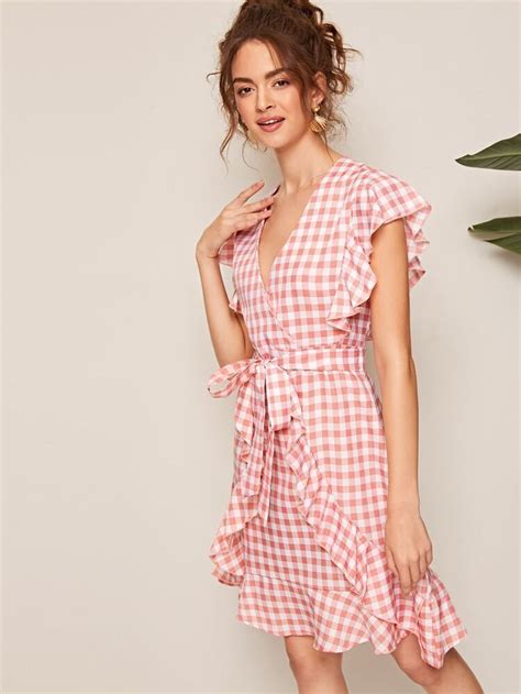 SHEIN Surplice Neck Ruffle Trim Gingham Belted Dress Belted Dress