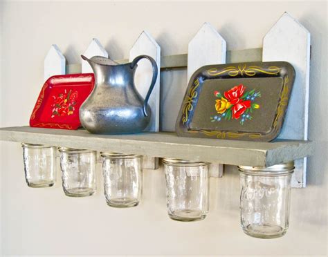 Canning Jar Crafts Fence Hanging Shelf With Five Storage Jars For Crafts And Plate Shelf