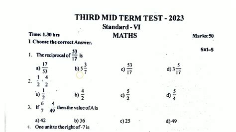 6th Maths Third Midterm Exam Question Paper 2024 Model Question Paper