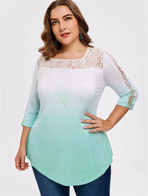 5xl Plus Size Lace Yoke Ombre Tunic T Shirt Women Long Solid T Shirt