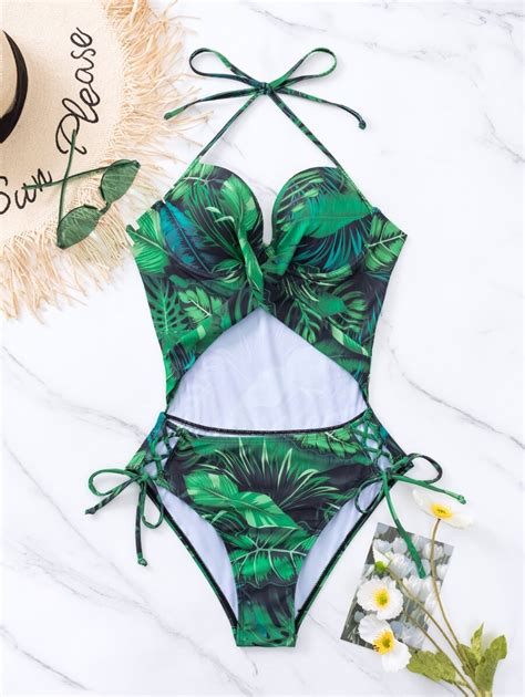 Bikini Push Up Con Estampado Tropical Girante Delantero Halter Una