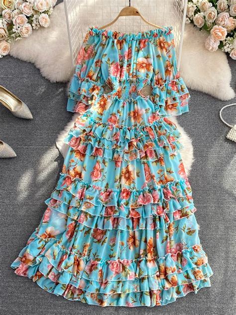 Autumn Vintage Floral Ruffle Chiffon Long Dress Women Sexy Slash Neck