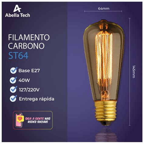 Lâmpada Filamento Carbono ST64 40W E27 LUZ QUENTE AMARELO Âmbar 110V