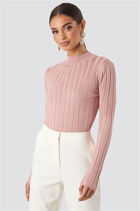 Ribbed High Neck Knitted Sweater Rosa Na