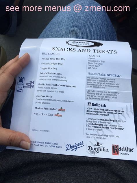 Carta Del Pub Y Bar Dodger Stadium All You Can Eat Right Field Pavilion Los Angeles