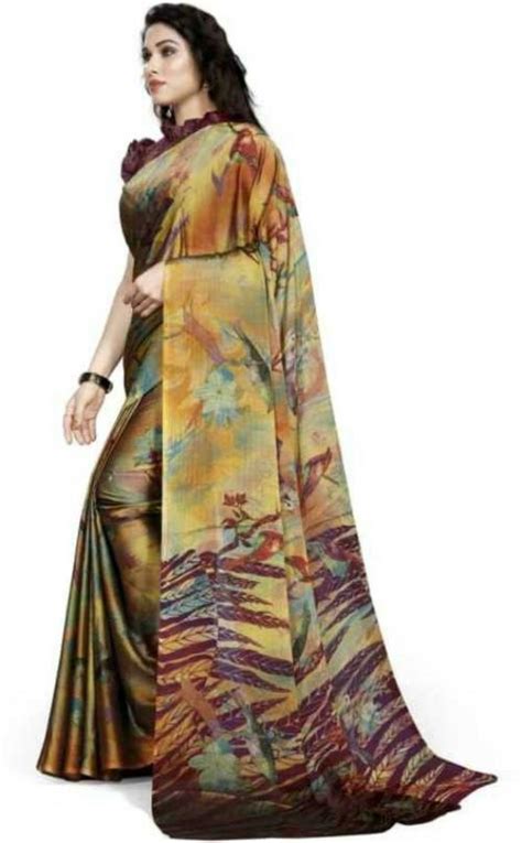 Buy Worivoc Women Brown Floral Print Daily Wear Chiffon Saree Online At