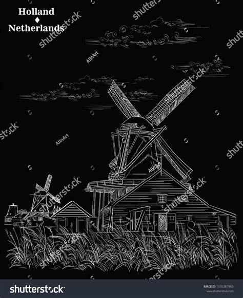 Vector Hand Drawing Illustration Landmark Watermill Stock Vector