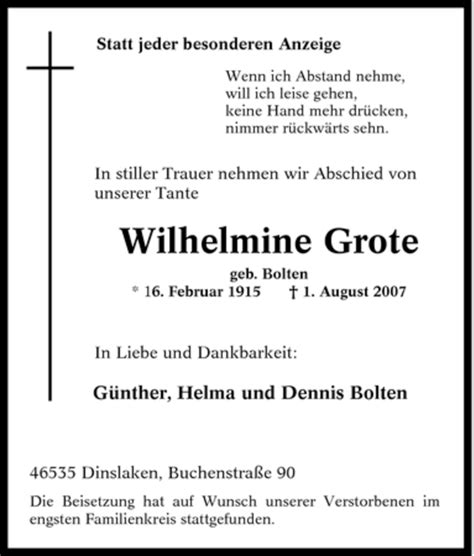 Traueranzeigen Von Wilhelmine Grote Trauer In Nrw De