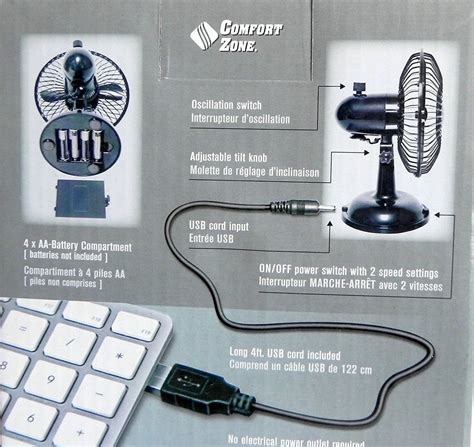 Oscillating Desk Fan Dual Powered USB Or Battery Black 2 Speed Quiet