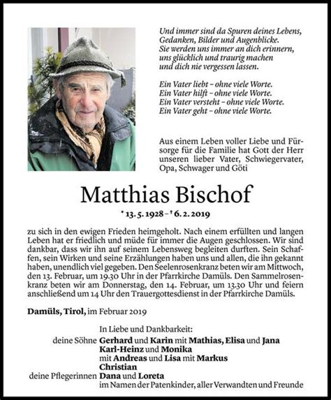 Todesanzeigen Von Matthias Bischof Todesanzeigen Vorarlberger Nachrichten