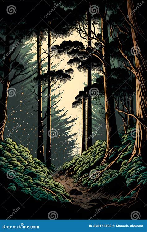 Illustration Of A Dense Forest With A Narrow Path Japanese Art Style