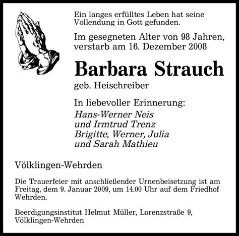 Traueranzeigen Von Barbara Strauch Saarbruecker Zeitung Trauer De