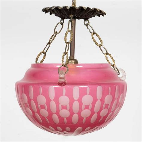 E 20th C Cranberry Etched Glass Hanging Lamp