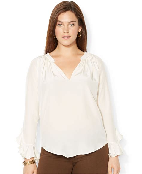 Lauren By Ralph Lauren Plus Size Ruffled Silk Blouse In White Modern