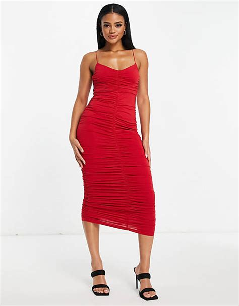 Asos Design Cami Strappy Midi Dress With Ruched Detail In Bright Red Asos