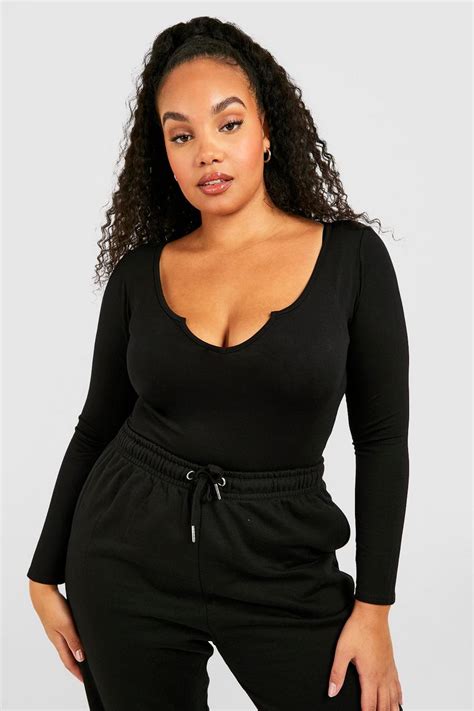 Womens Black Plus Notch Neck Basic Bodysuit Boohoo Uk