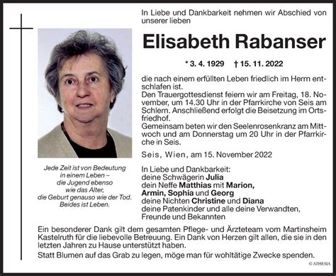 Traueranzeigen Von Elisabeth Rabanser Trauer Bz