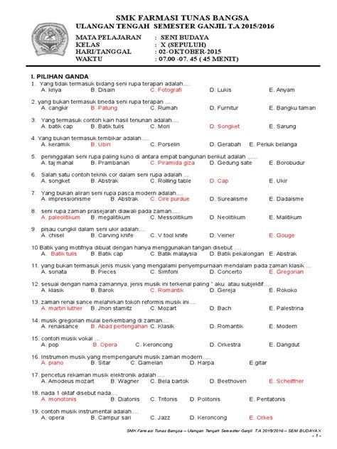 Contoh Soal Seni Budaya Kelas 11 Semester 1 Persiapan Ujian Yang