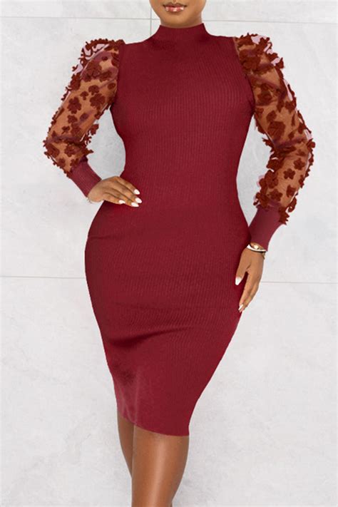 Khaki Elegant Solid Patchwork See Through Half A Turtleneck Pencil Skirt Dresseslong Sleeve