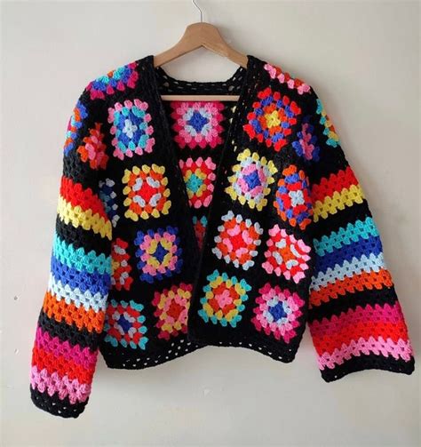 Black Granny Square Colorful Crocheted Cardigan Crochet Granny Square