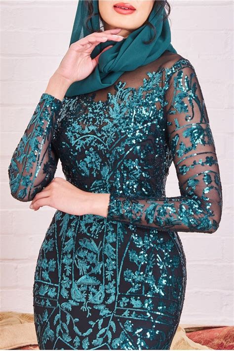 Goddiva Modesty Sequin Embroidered Maxi Dress Emerald