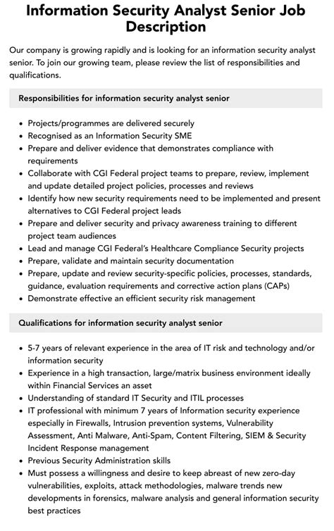 Information Security Analyst Senior Job Description Velvet Jobs