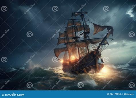 Pirate Ship Sailing Through Stormy Sea With Lightning Striking The