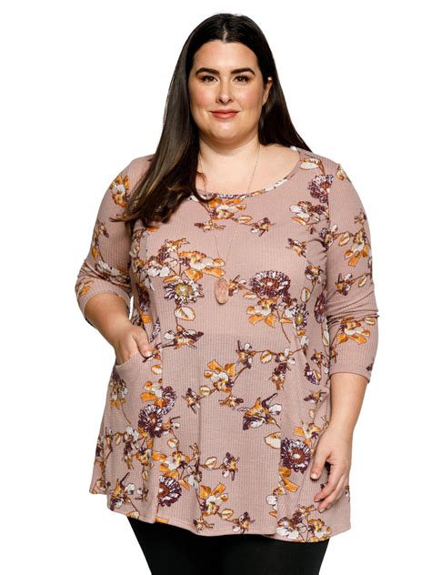 Xehar Womens Plus Size Floral Print Thermal Knit Double Pocket Tunic