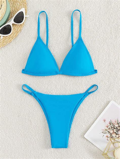 Shein Swim Basics Summer Beach Solid Triangle Thong Bikini Set