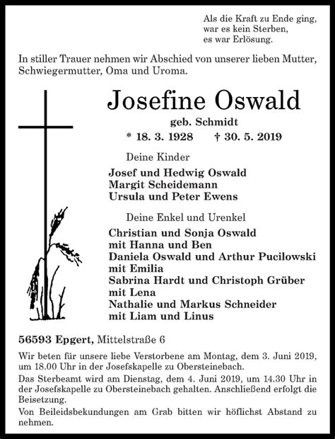 Traueranzeigen Von Josefine Oswald Rz Trauer De