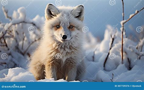 Fluffy Red Fox Sitting In Snow Looking At Camera Generated By AI Stock